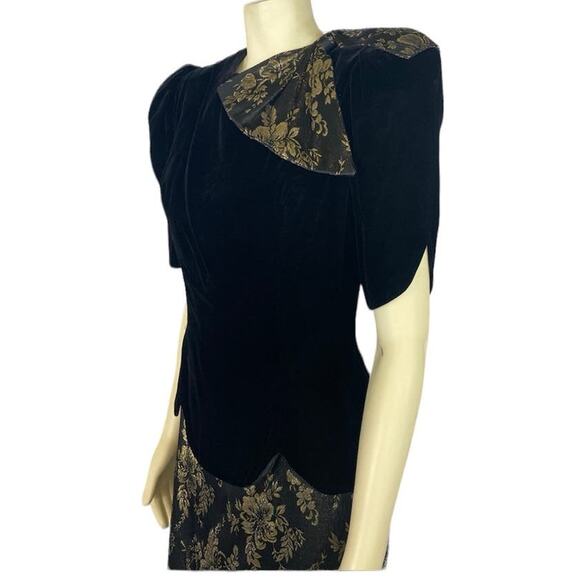 Vintage 80s Scott McClintock Black Velvet Gold Floral Open Back Dress size 10 - Picture 5 of 16